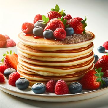 Fluffy American pancakes with blueberries, raspberries and strawberries.