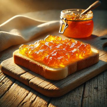 Seville orange marmalade on toast, glistening in the morning sun.