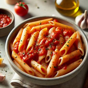 Simple tomato sauce served with penne pasta.