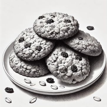 Pencil drawing of a pile of oatmeal and sultana cookies on a plate.